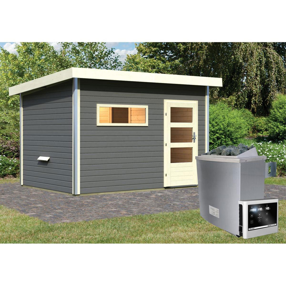 Karibu Saunahaus Skrollan 38 mm 9 kW Ofen externe Strg moderne Tür terragrau Bild 6