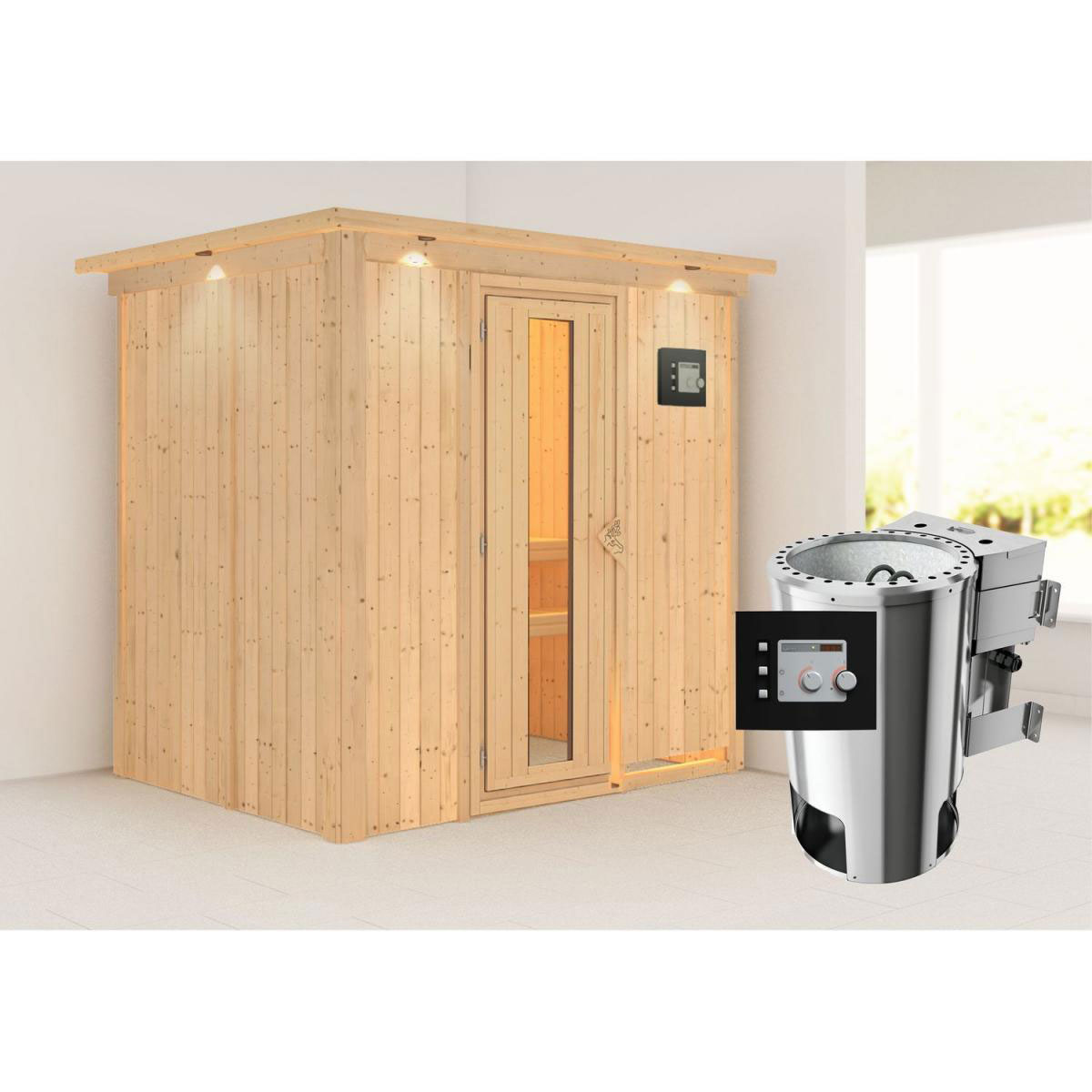 Karibu Sauna Fanja Fronteinstieg 3,6 kW Bio Ofen externe Strg modern mit Kranz Energiespartür Bild 7