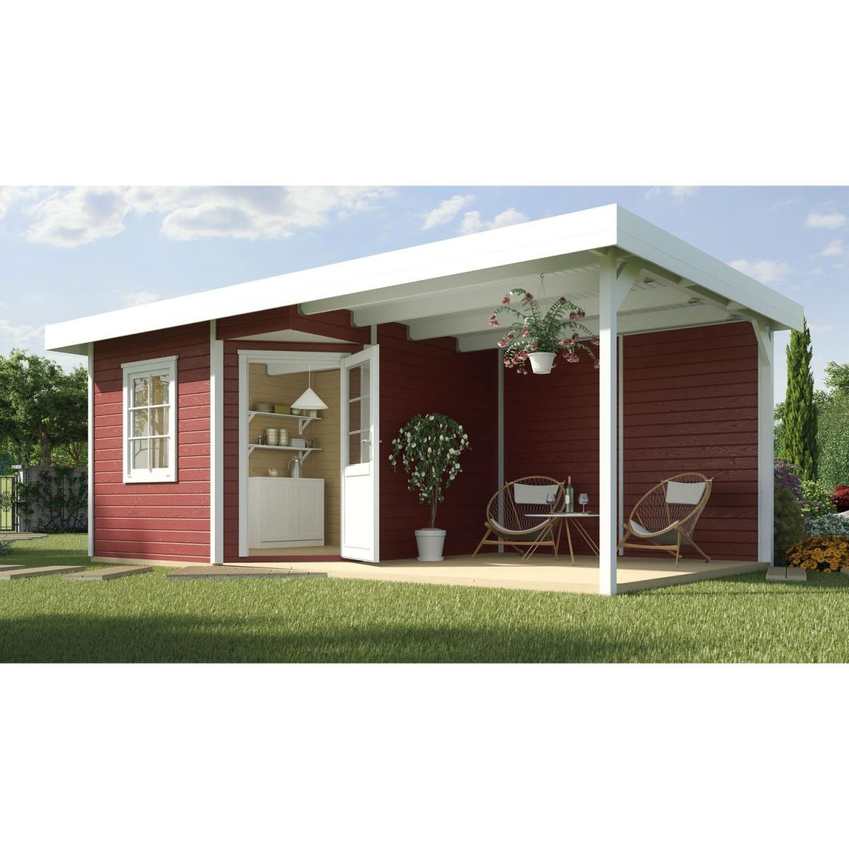 Weka Designhaus 213 B mit Anbau 300 cm 5-Eck 586 x 278 x 237 cm rot Bild 2