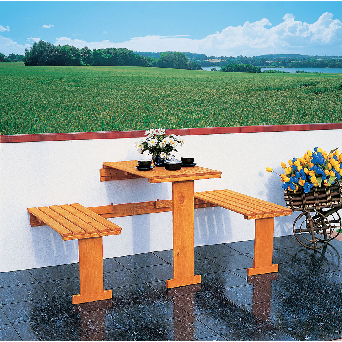 Promadino Balkonklappgarnitur mit blauen Auflagen