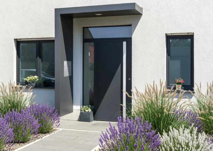 Eingangstür zu einem Haus mit Vordach und schönem Vorgarten