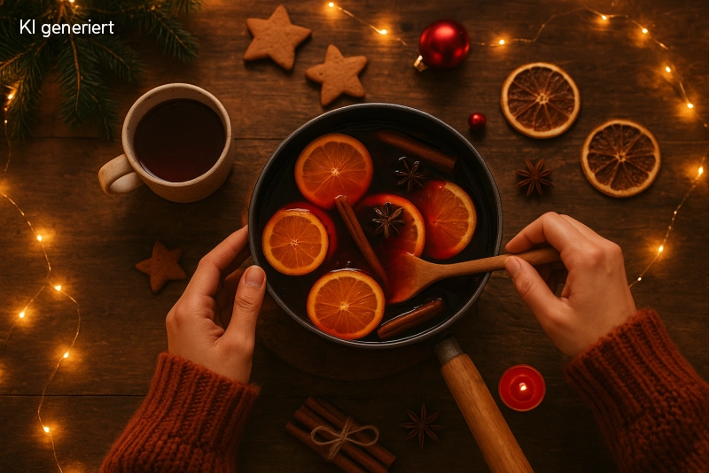 Zwei Hände kochen einen Weihnachtspunsch