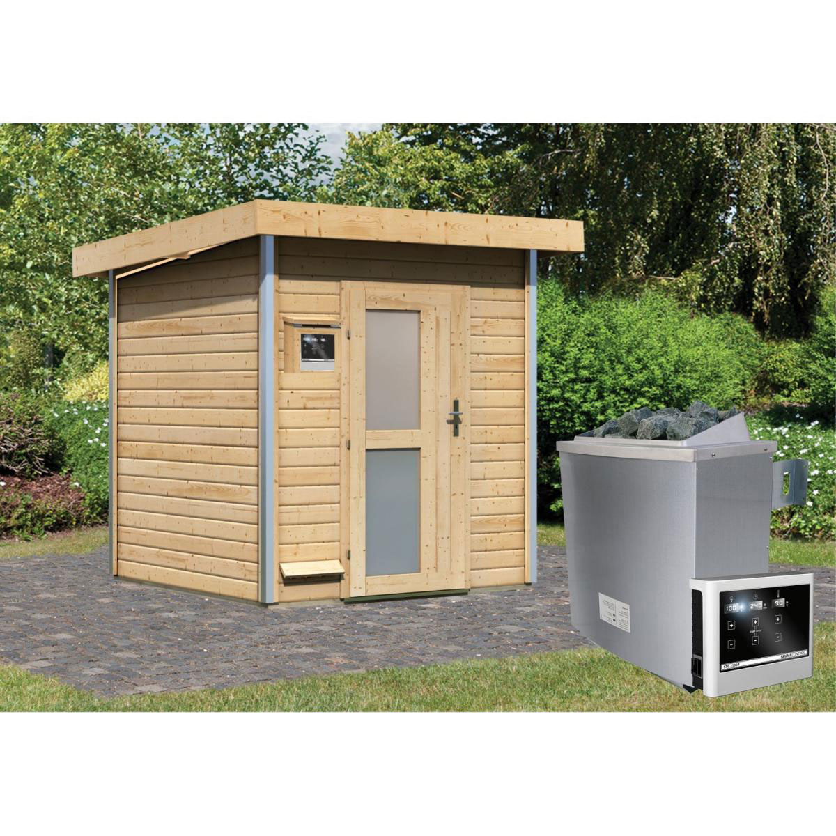 Karibu Saunahaus Torge 38 mm 9 kW Ofen externe Strg Milchglastür Bild 6