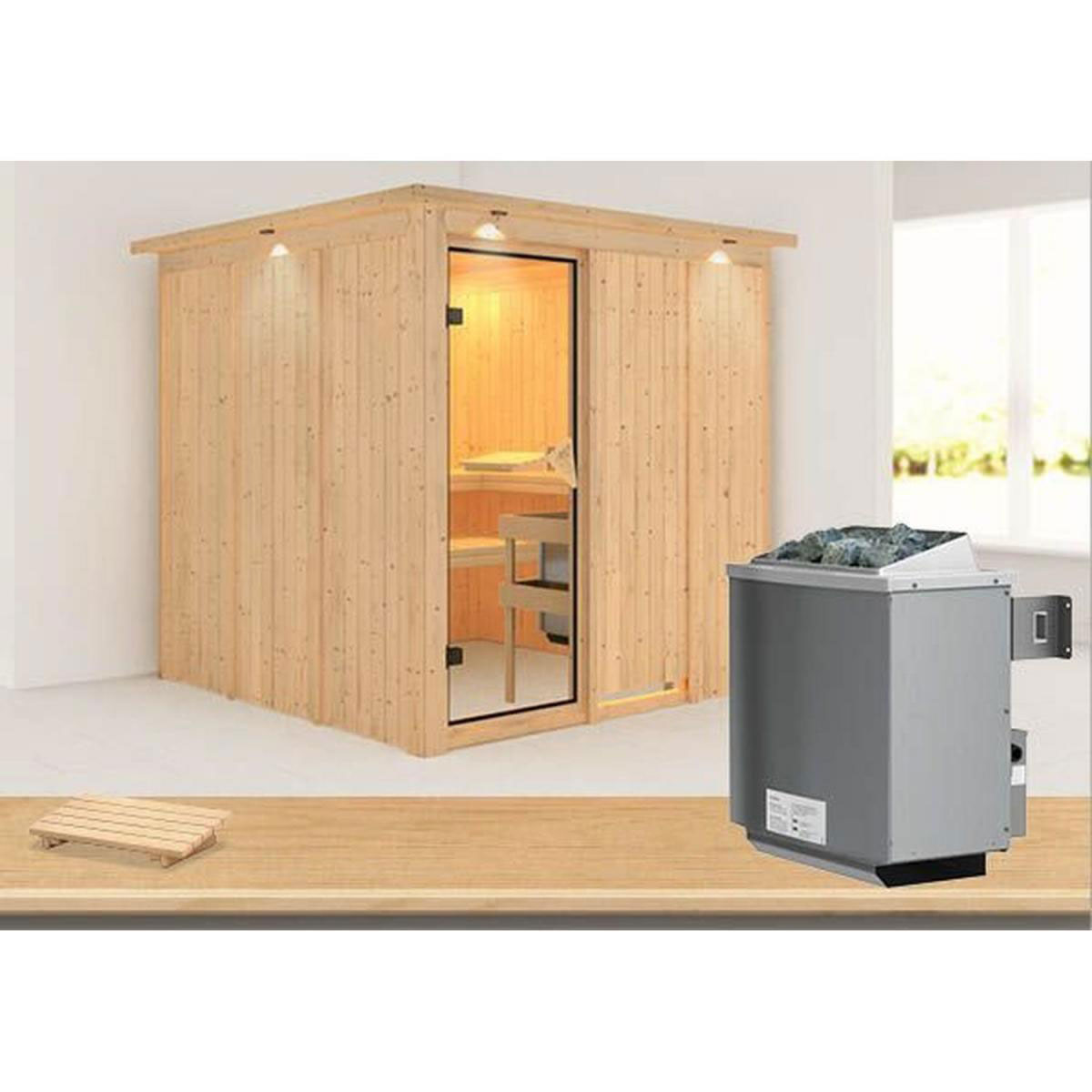 Karibu Systemsauna Rodin 68 mm 9 kW Ofen integr Strg mit Dachkranz