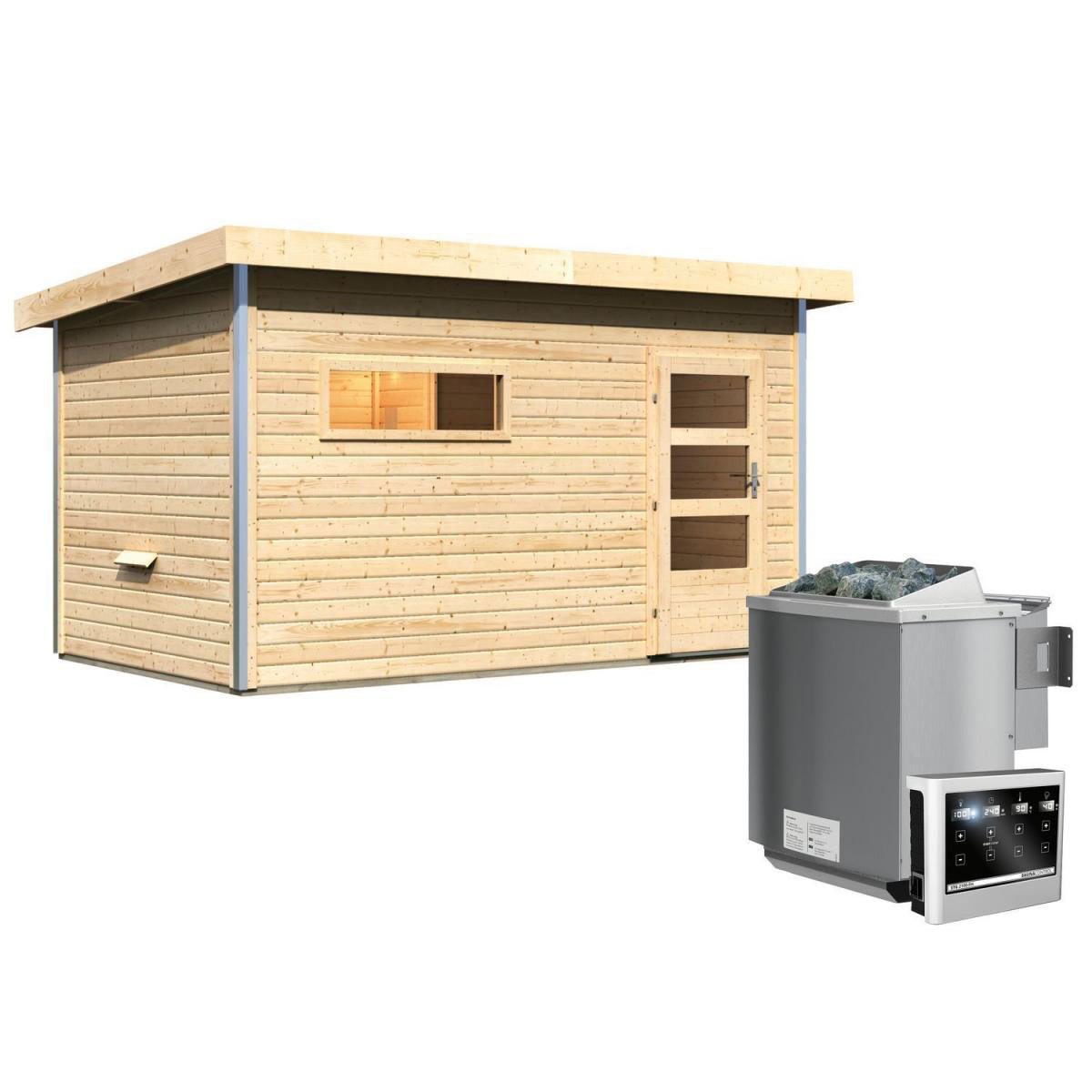 Karibu Saunahaus Skrollan 3 38 mm 9 kW Bio Ofen externe Strg moderne Tür Bild 1