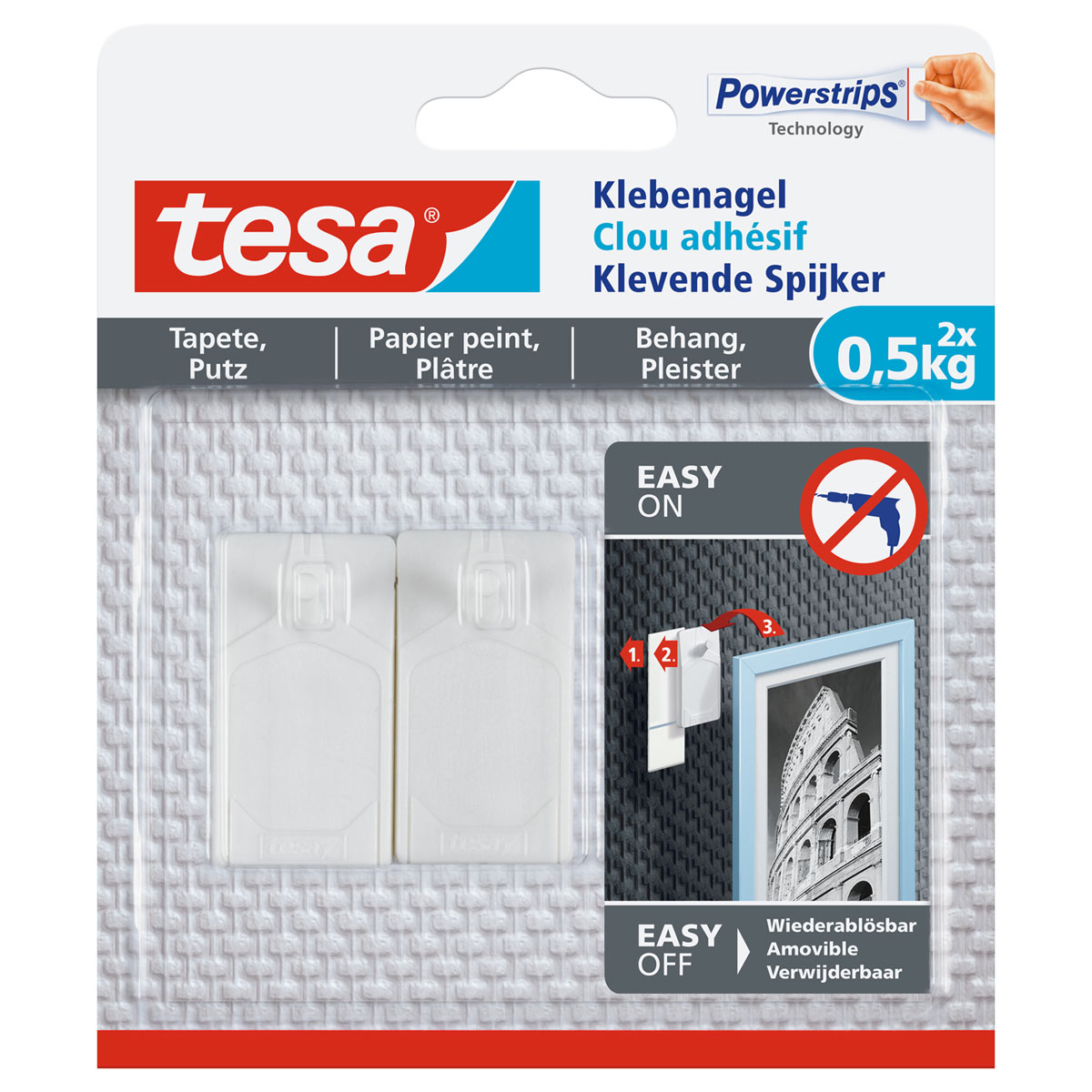 Tesa Klebenagel für Tapete und Putz 2 Stück Traglast 2 x 0,5 kg