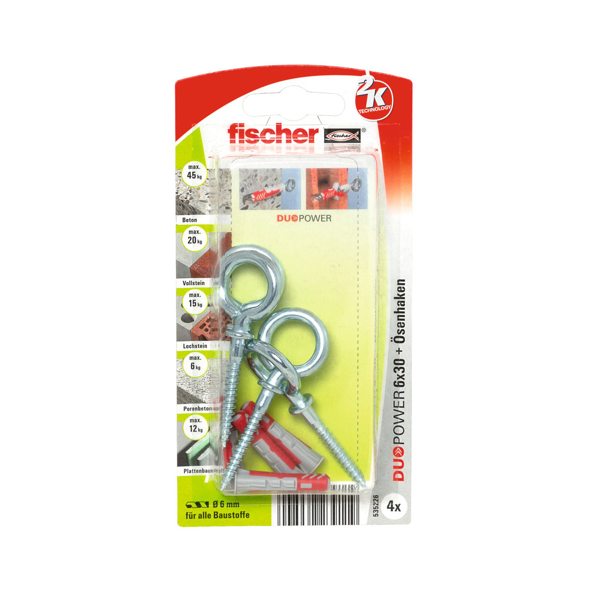 Fischer  Dübel DuoPower 6 x 30 mm mit Ösenhaken 4 Stück