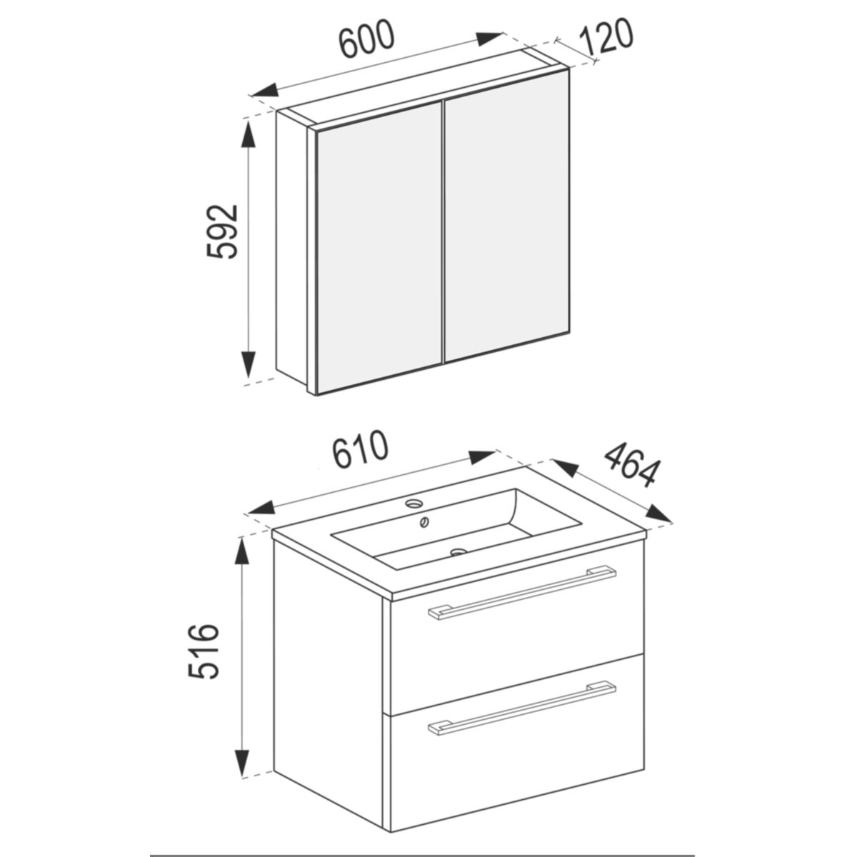 Waschplatz 60 cm 5-teiliges Set 2 Schubfächer mit Spiegelschrank schwarz Bild 4