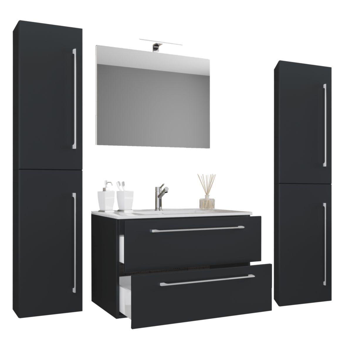 Waschplatz 60 cm 5-teiliges Set 2 Schubfächer mit Spiegel schwarz Bild 1