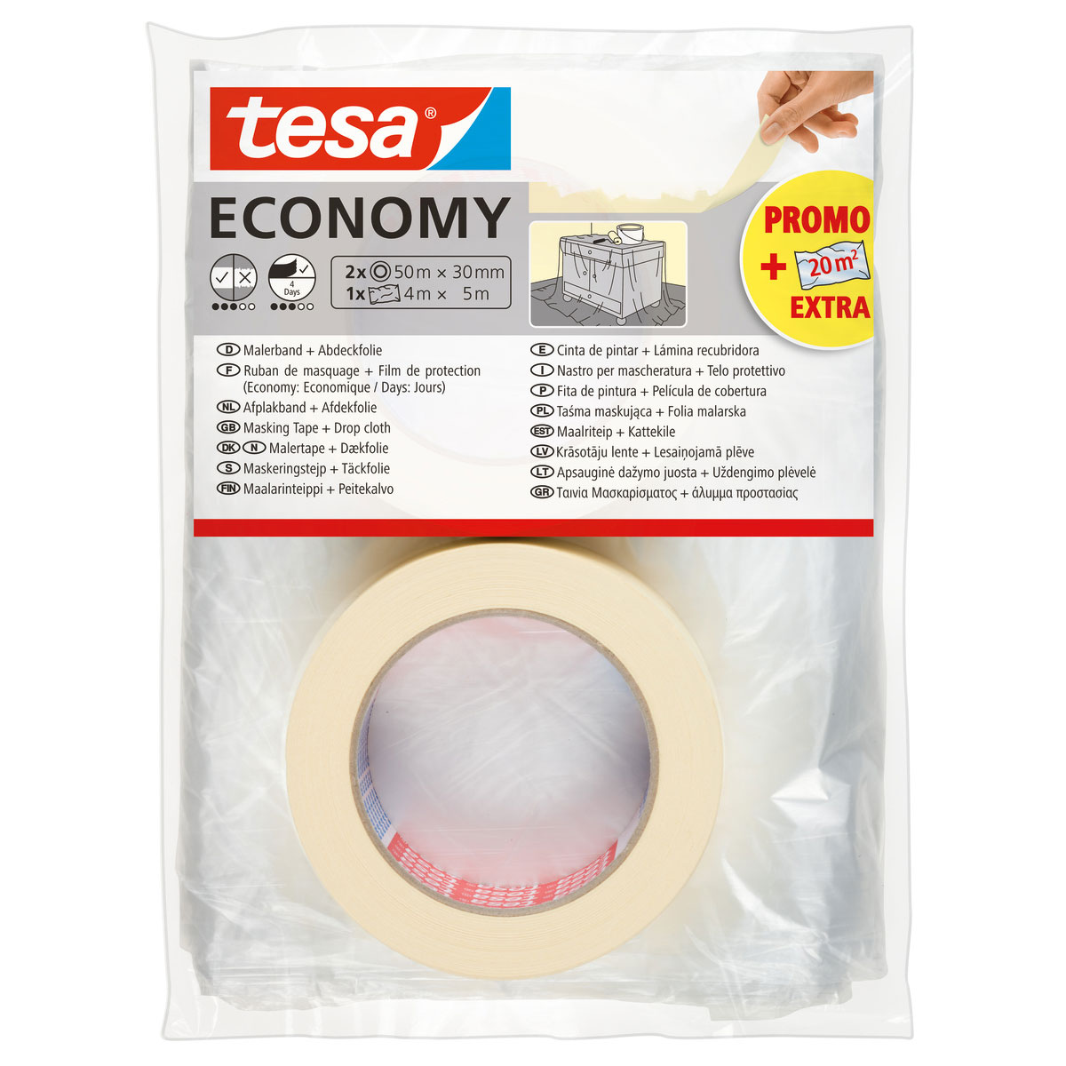 Tesa  Abdeckset Malerband Economy 50m x 30mm und Abdeckfolie 5 x 4m