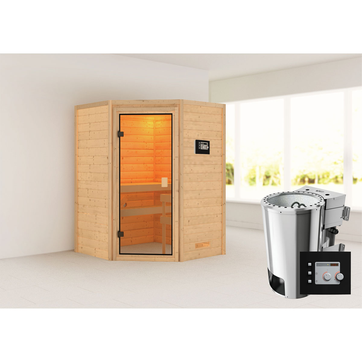 Karibu Sauna Antonia 3,6 kW naturbelassen Bio externe Steuerung ohne Dachkranz Bild 2