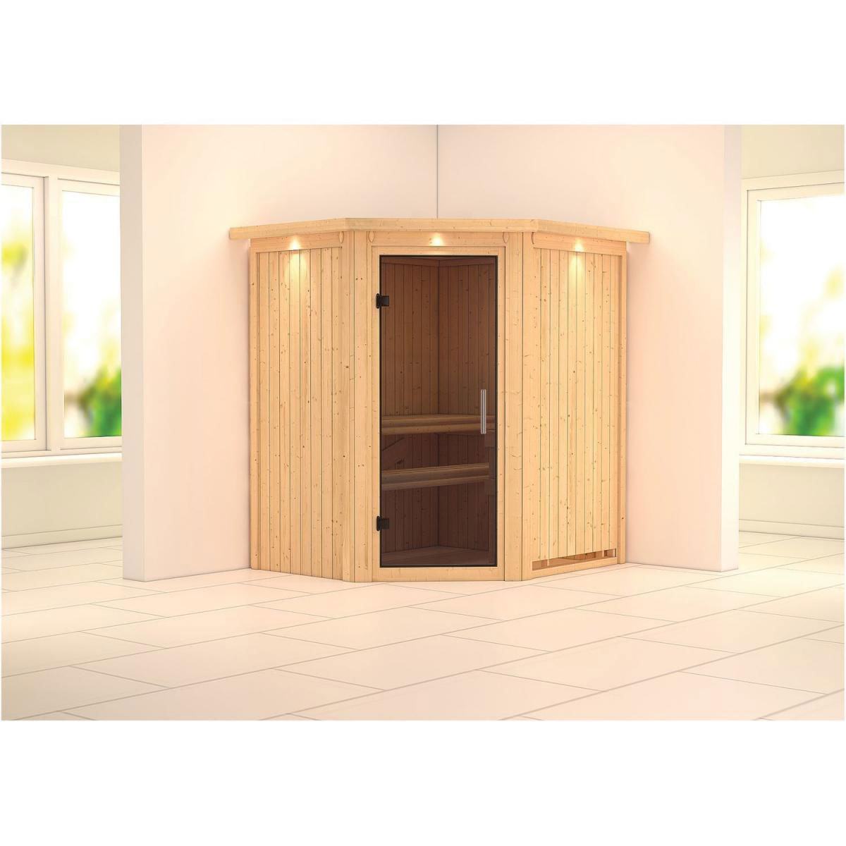 Karibu Sauna Tonja Eckeinstieg ohne Ofen mit Kranz graphitfarbene Glastür Bild 5