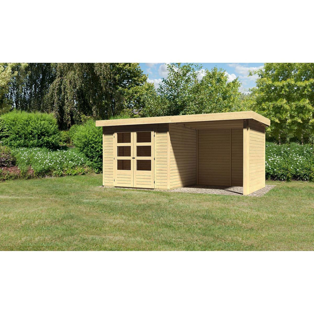 Karibu Gartenhaus Askola mit Anbaudach 225 cm und Seiten-/Rückwand naturbelassen 462 x 217 x 211 cm