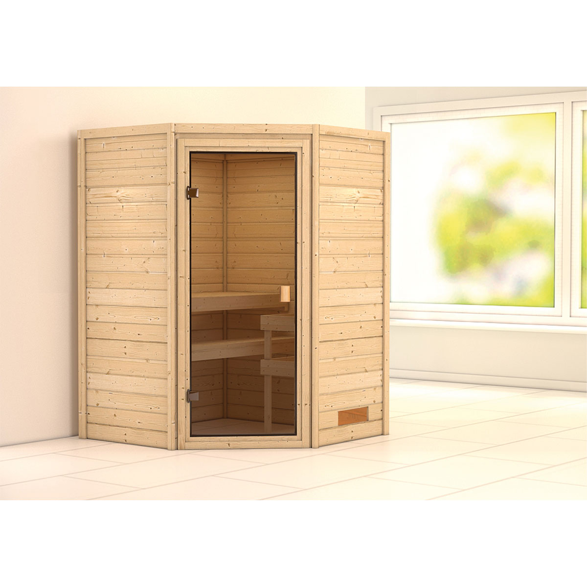 Karibu Sauna Antonia 3,6 kW naturbelassen ohne Ofen ohne Dachkranz Bild 1