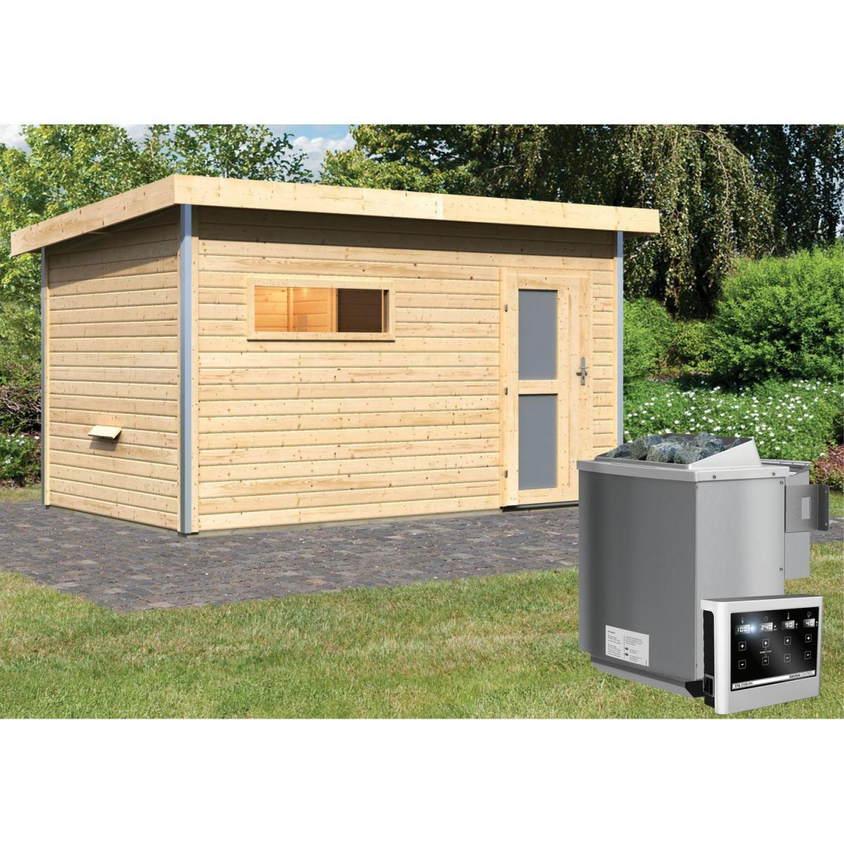 Karibu Saunahaus Skrollan 3 38 mm 9 kW Bio Ofen externe Strg Milchglastür Bild 6