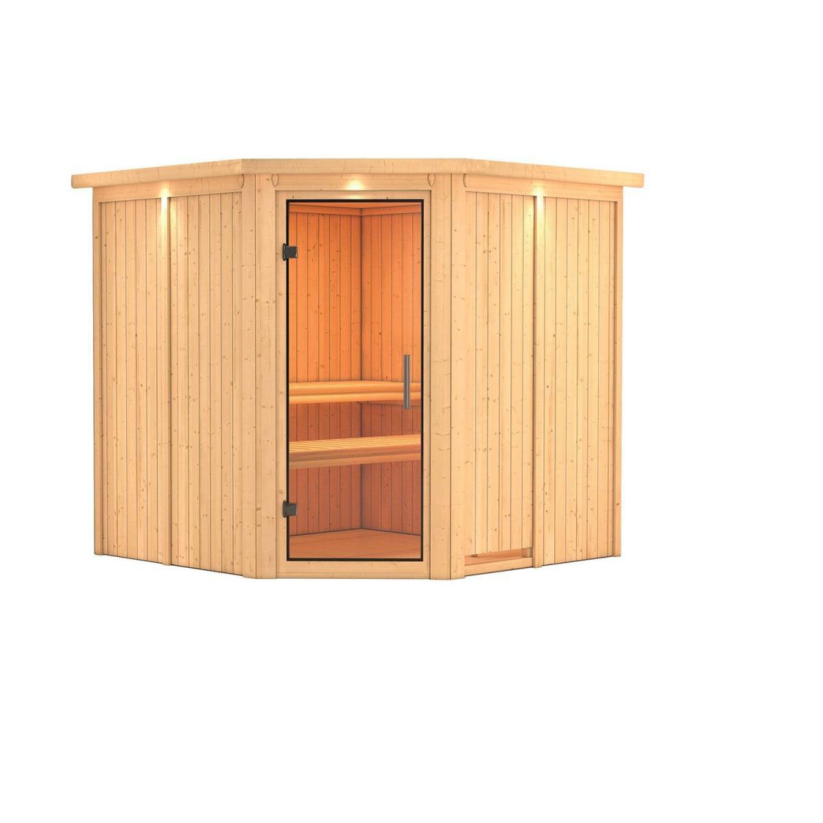 Karibu Sauna Jarin Eckeinstieg ohne Ofen mit Kranz Klarglas-Tür Bild 1