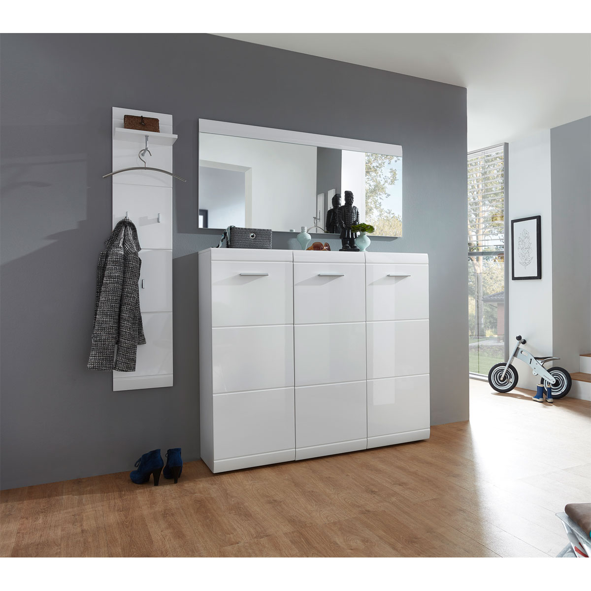 Schuhschrank Adison Fronten in Hochglanz mit Rillenfräsung 134 x 120 x 36 cm weiß Bild 3