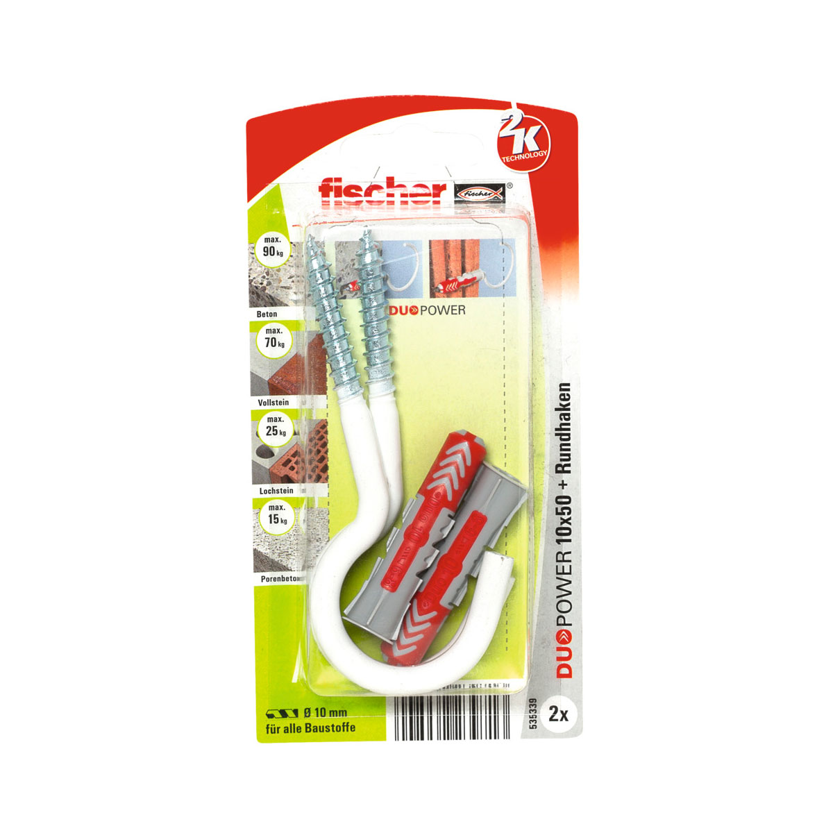 Fischer  Dübel DuoPower 10 x 50 mm mit Rundhaken groß nylonbeschichtet 2 Stück