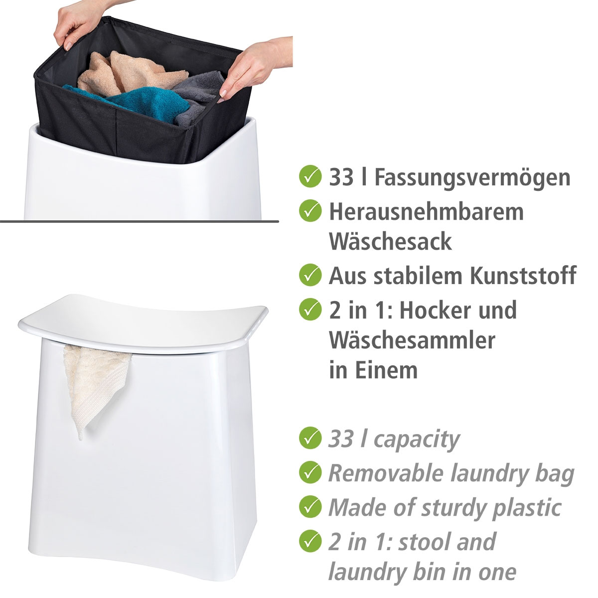 Wenko  2in1 Hocker Wing Weiß Badhocker mit herausnehmbarem Wäschesack Bild 3