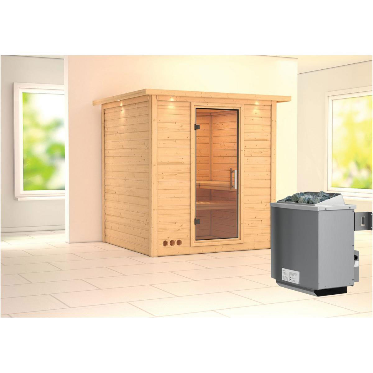 Karibu Sauna Mojave Fronteinstieg 9 kW Ofen integr Strg mit Kranz Klarglas-Tür Bild 4