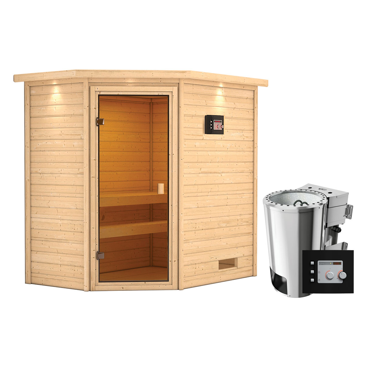 Karibu Sauna Jella 3,6 kW mit Kranz naturbelassen Bio externe Steuerung Bild 3