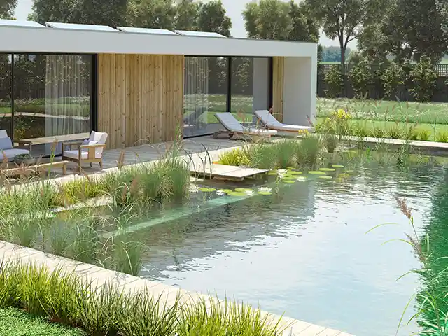 Ein Schwimmteich mit Pflanzen umgibt eine moderne Terrasse mit Liegestühlen und Bäumen im Hintergrund.