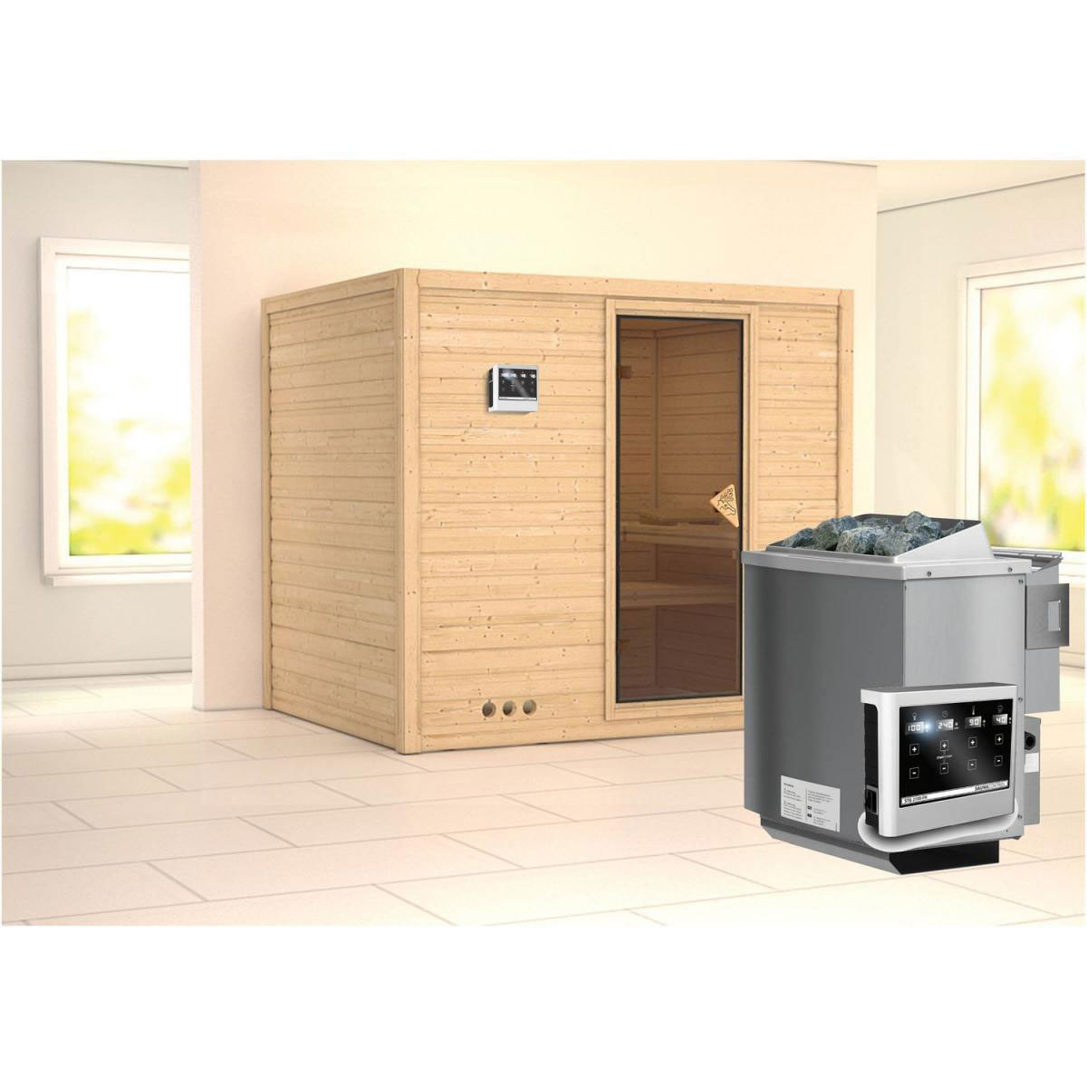 Karibu Massivholzsauna Sonara 3 40 mm 9 kW Ofen Bio externe Strg ohne Kranz Bild 1