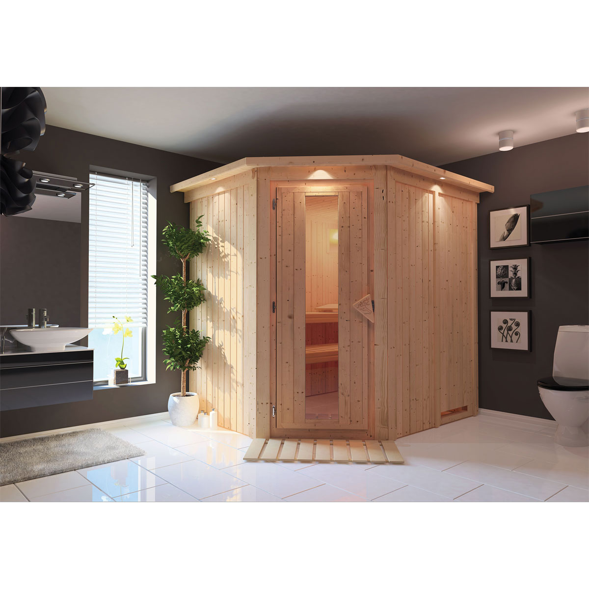 Karibu Sauna Lilja Eckeinstieg ohne Ofen mit Kranz Energiespartür Bild 1