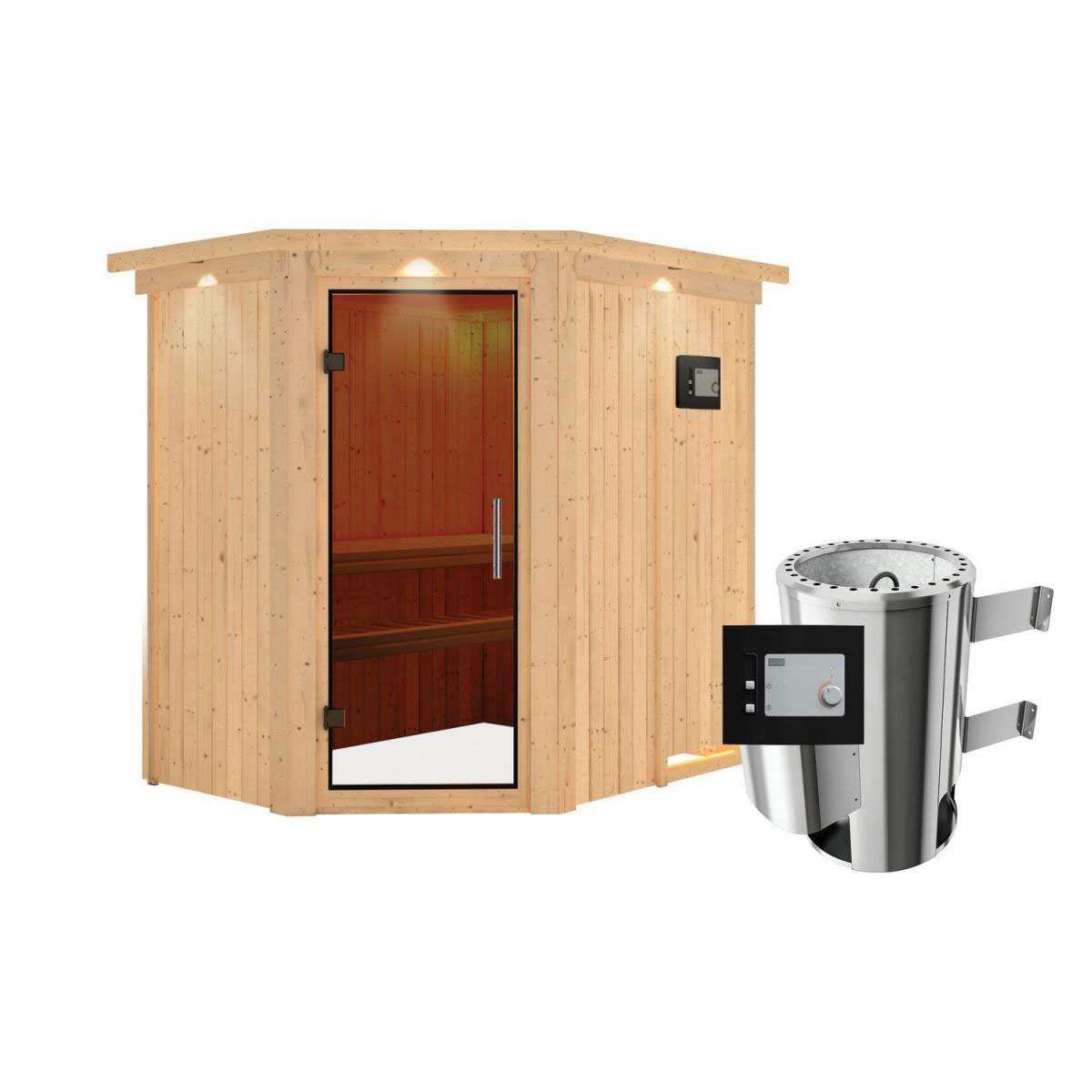 Karibu Sauna Saja Eckeinstieg 3,6 kW Ofen externe Strg modern mit Kranz graphitfarbene Glastür Bild 1