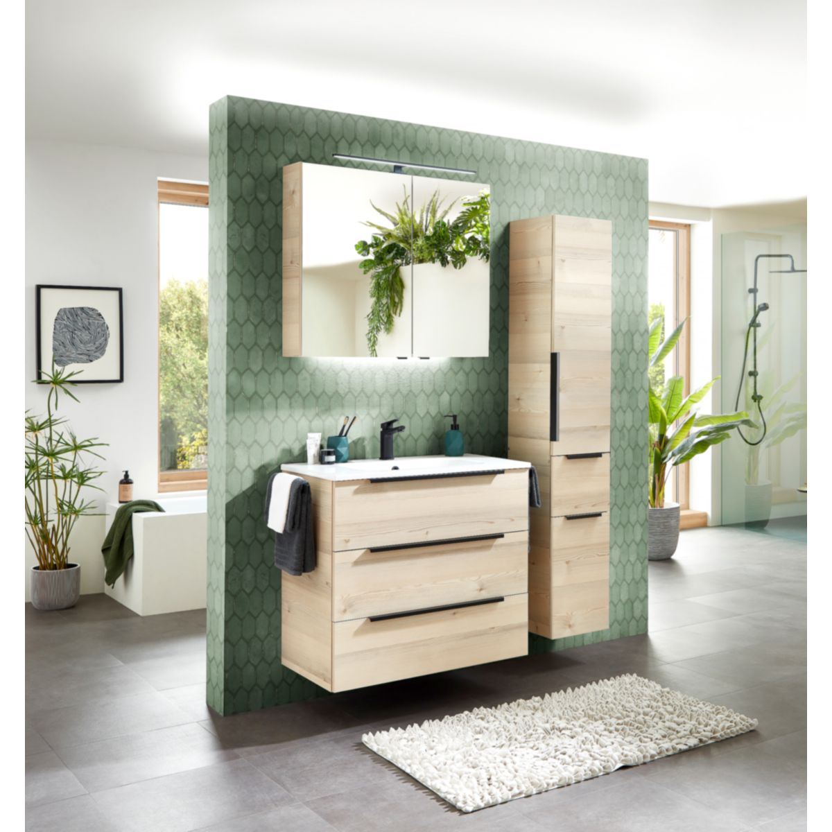 Badmöbel-Set Lucano Pinie Polar – 81 cm Waschplatz mit LED-Spiegelschrank & Keramikbecken