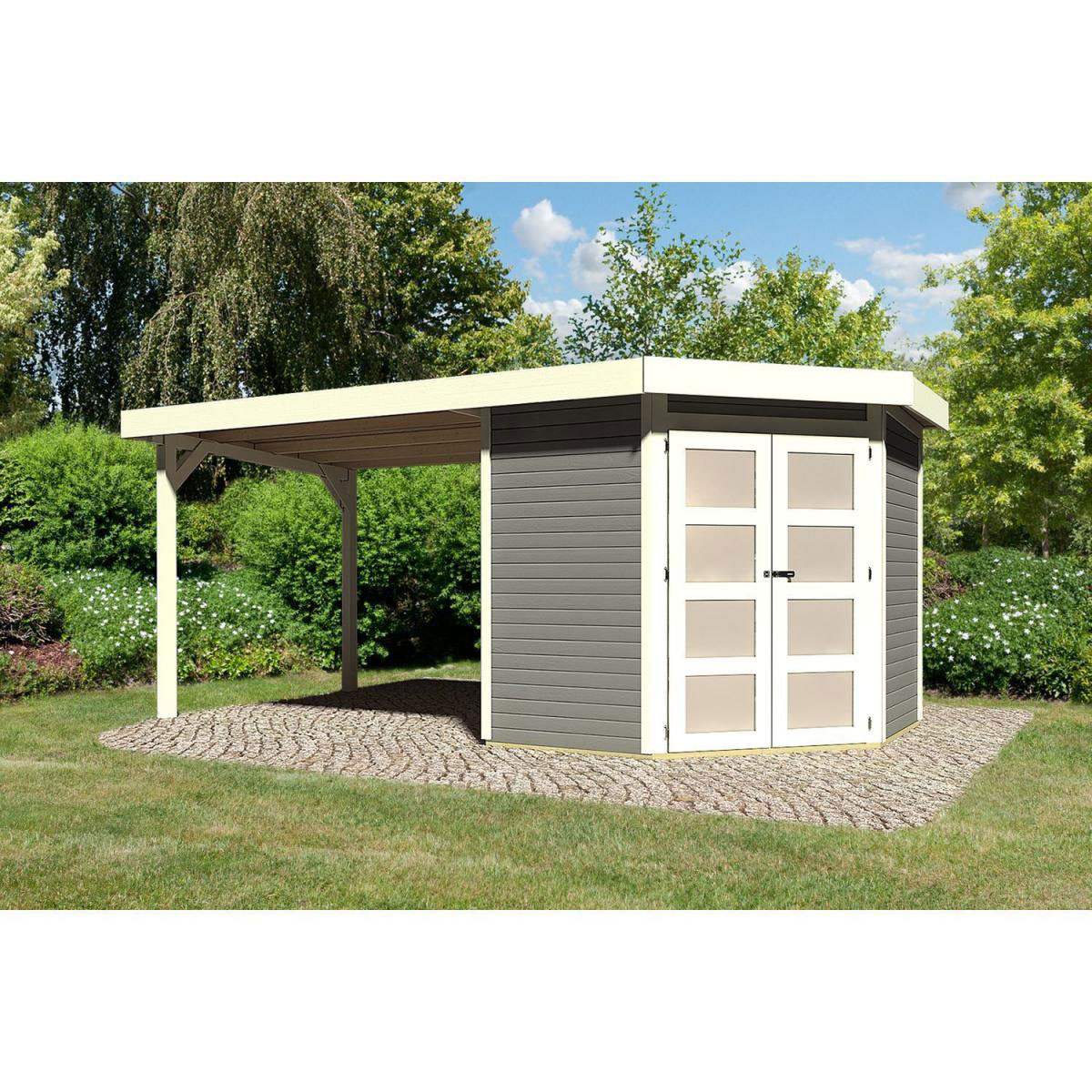 Karibu Gartenhaus Goldendorf 3/5 mit Anbaudach 260 cm 213 x 217 x 218 cm grau Bild 1