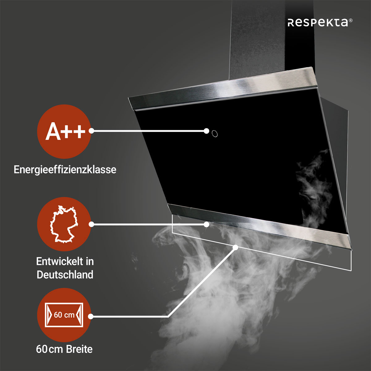 Respekta Haube Schwarz, 60 cm, EEK A++9 Leistungsstufen LED-Beleuchtung Bild 7