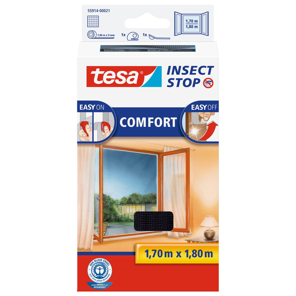 Tesa Fliegengitter Comfort 170 x 180 cm anthrazit für Fenster inkl Klettband