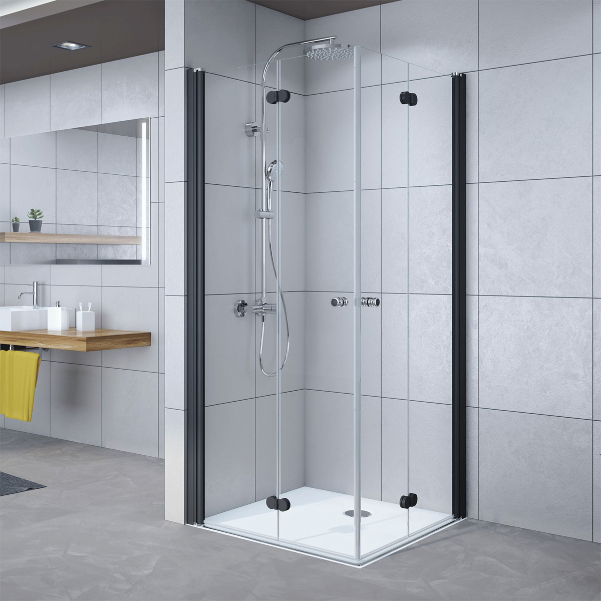 Breuer  Eckeinstieg Elana Komfort Drehfalttür 4-teilig schwarz matt grau getönt 900/800 mm