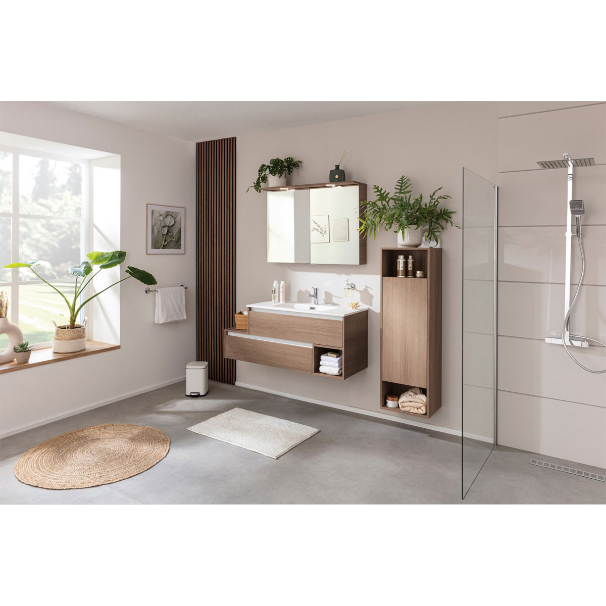 Fackelmann Set Badmoebel-Set Vita 120cm Breite bestSPS WBU+Gussmarmor-WT SummerOak grifflos Bild 1