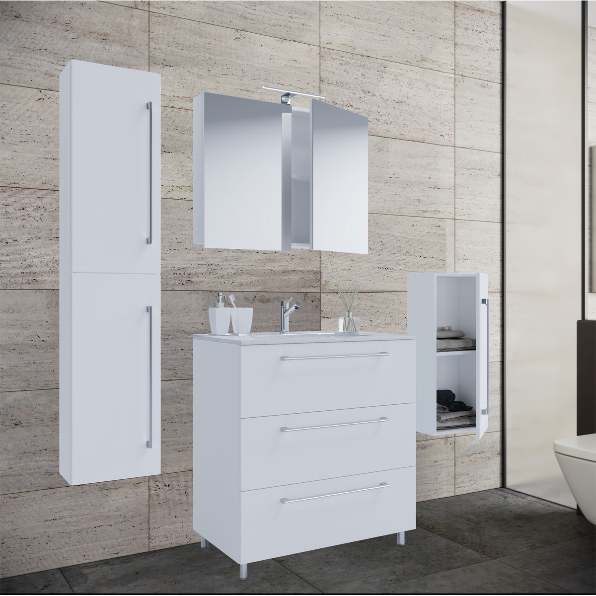 Stand-Waschplatz 80 cm 5-teiliges Set 3 Schubfächer mit Spiegelschrank weiß