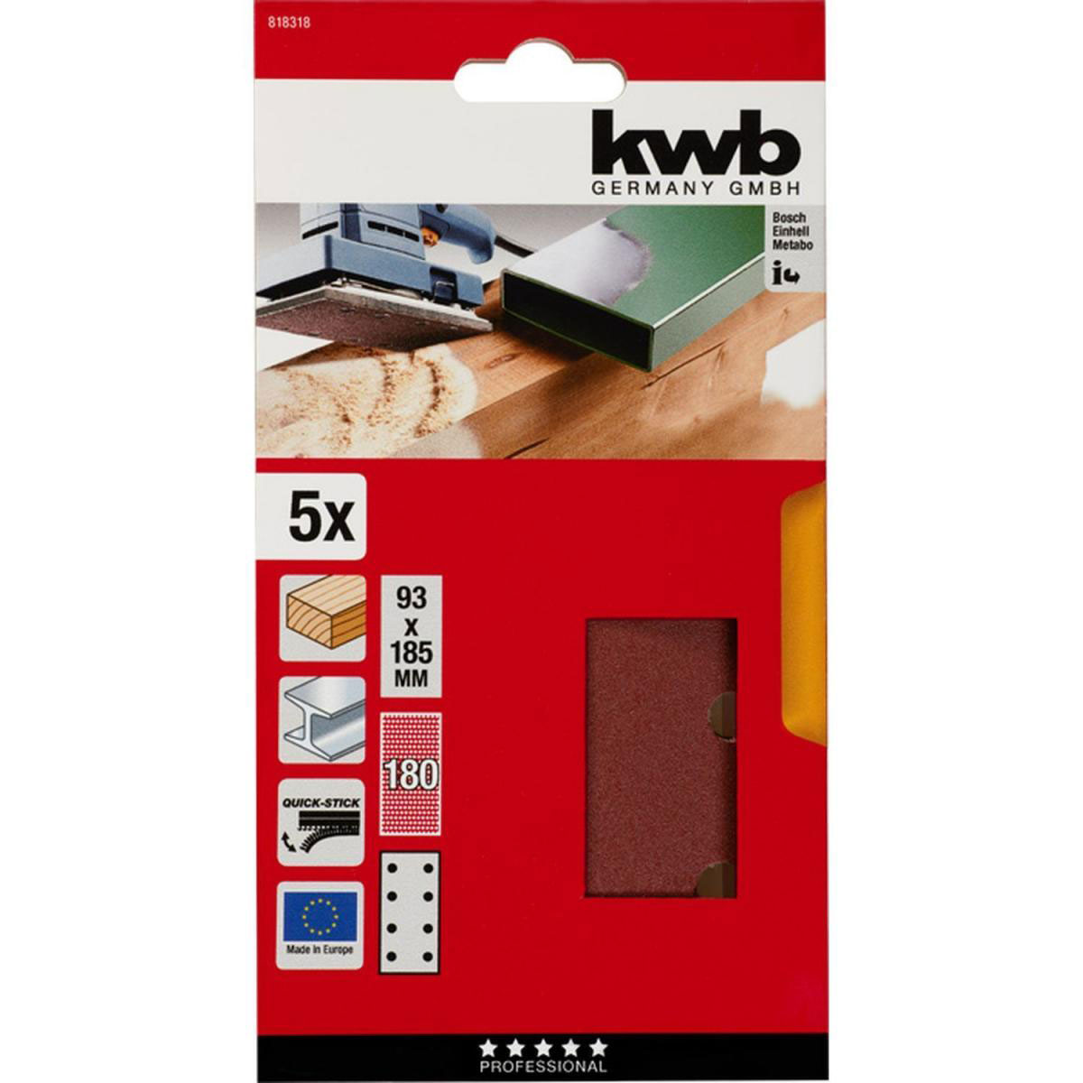 kwb  Schleifstreifen Quick-Stick Holz und Metall 93 x 185 mm K180 Bild 2