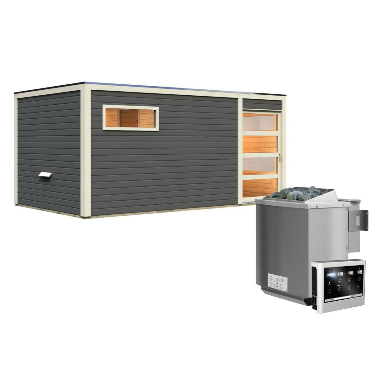 Karibu Saunahaus Hygge 38 mm 9 kW Bio Ofen externe Strg Klarglas-Tür terragrau