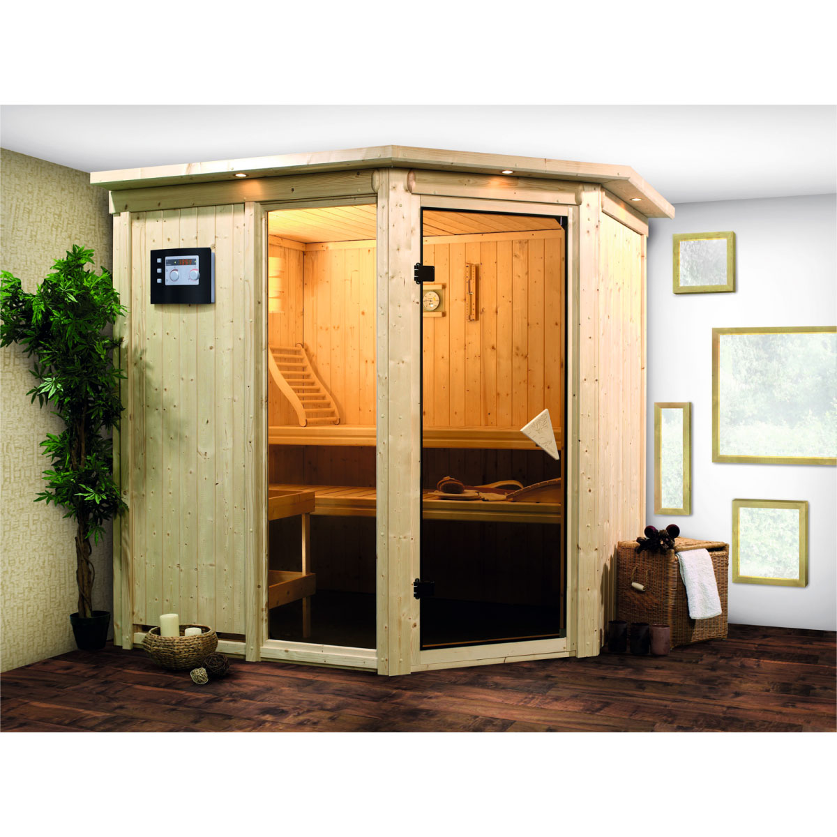 Karibu Systemsauna Fiona 2 68 mm 9 kW Ofen Bio externe Strg mit Dachkranz