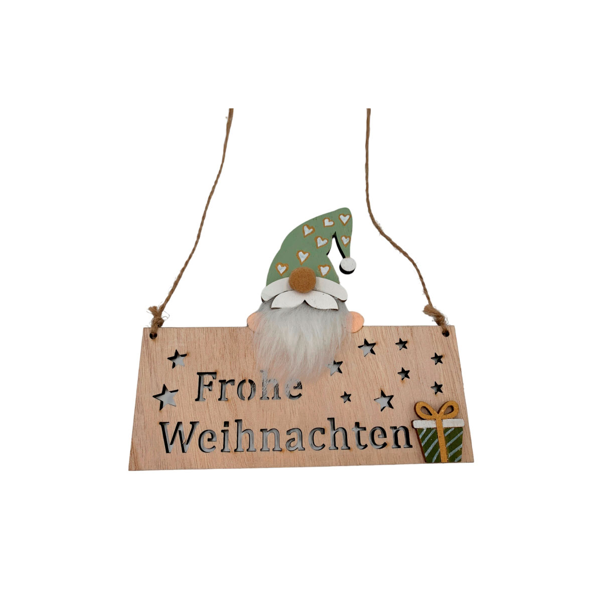 Schild Frohe Weihnachten 15x13cm grün weiss natur Holz