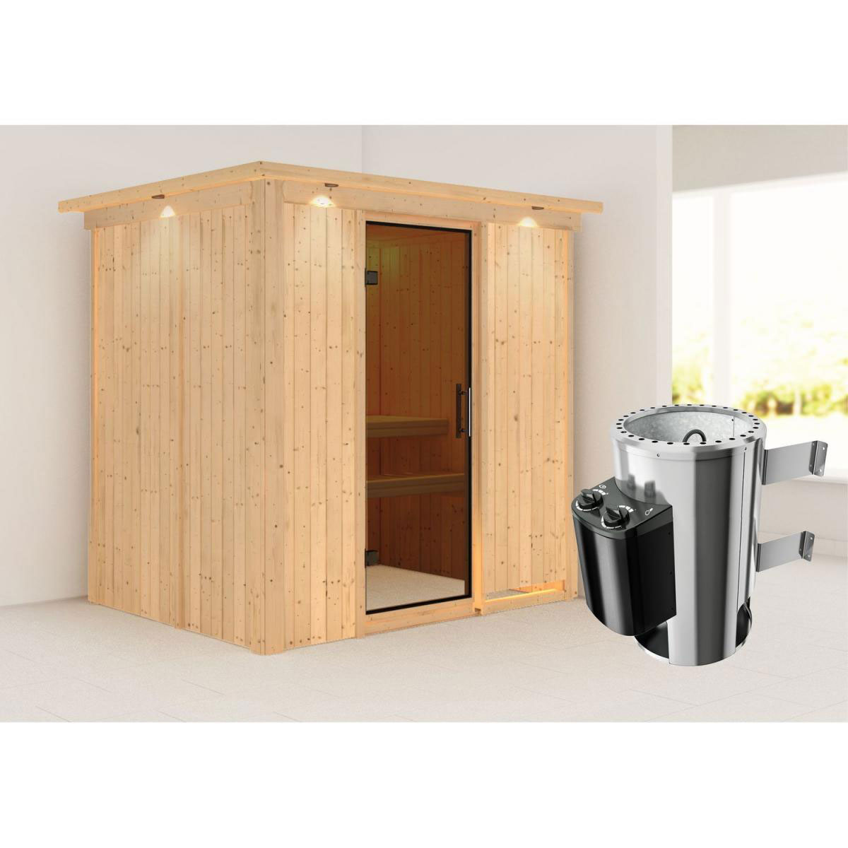 Karibu Sauna Fanja Fronteinstieg 3,6 kW Ofen integr Strg mit Kranz graphitfarbene Glastür Bild 6