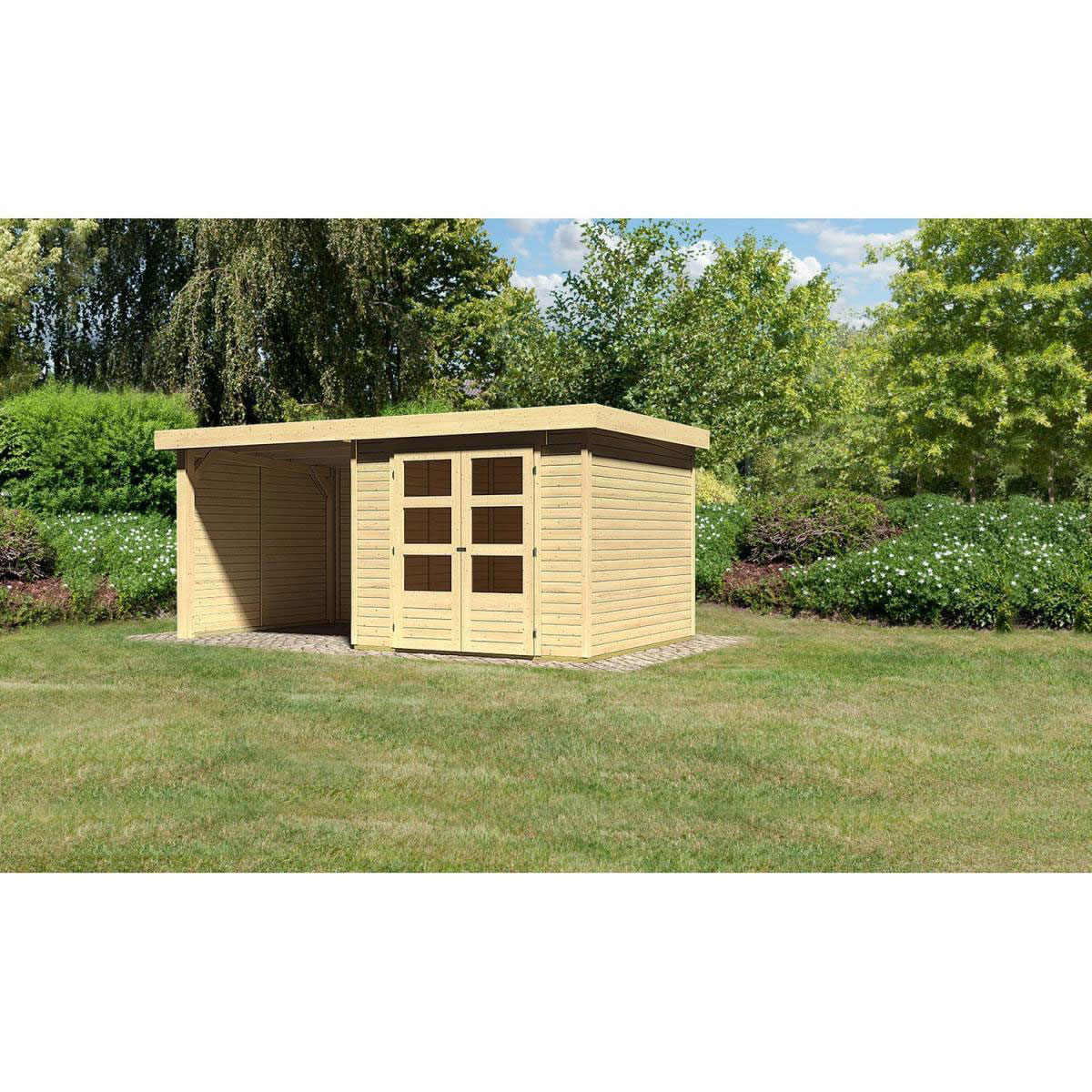 Karibu Gartenhaus Askola mit Anbaudach 225 cm und Seiten-/Rückwand naturbelassen 238 x 242 x 211 cm Bild 1