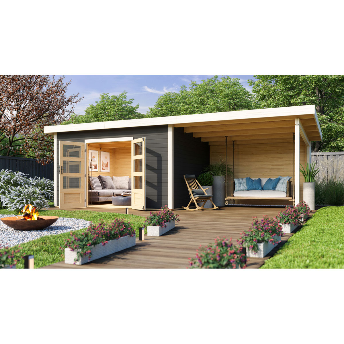 Karibu BBH Northe 4 Set mit Anbaudach terragrau