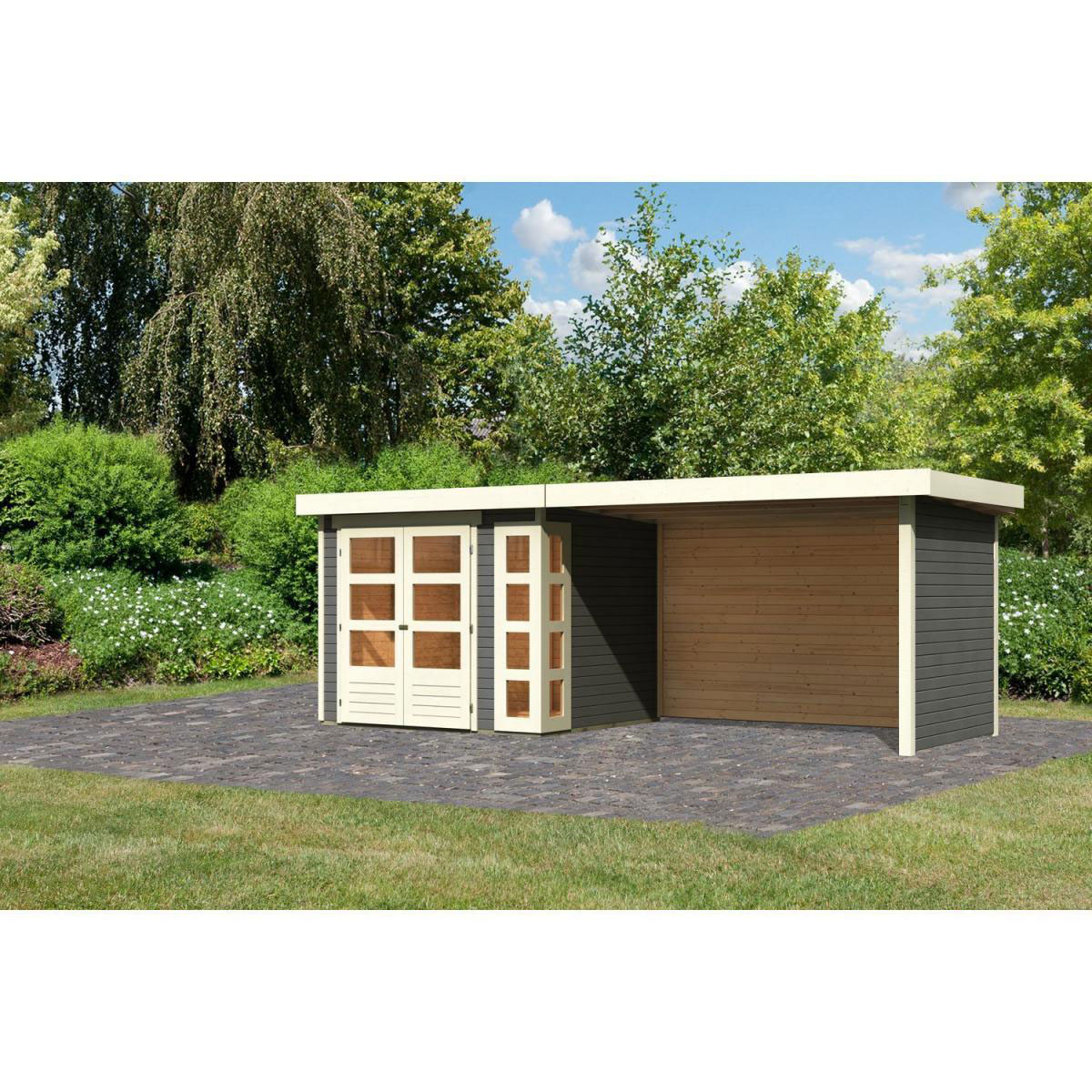 Karibu Gartenhaus-Set Kerko 3 mit Anbaudach 2,8 m mit Seiten- und Rückwand terragrau