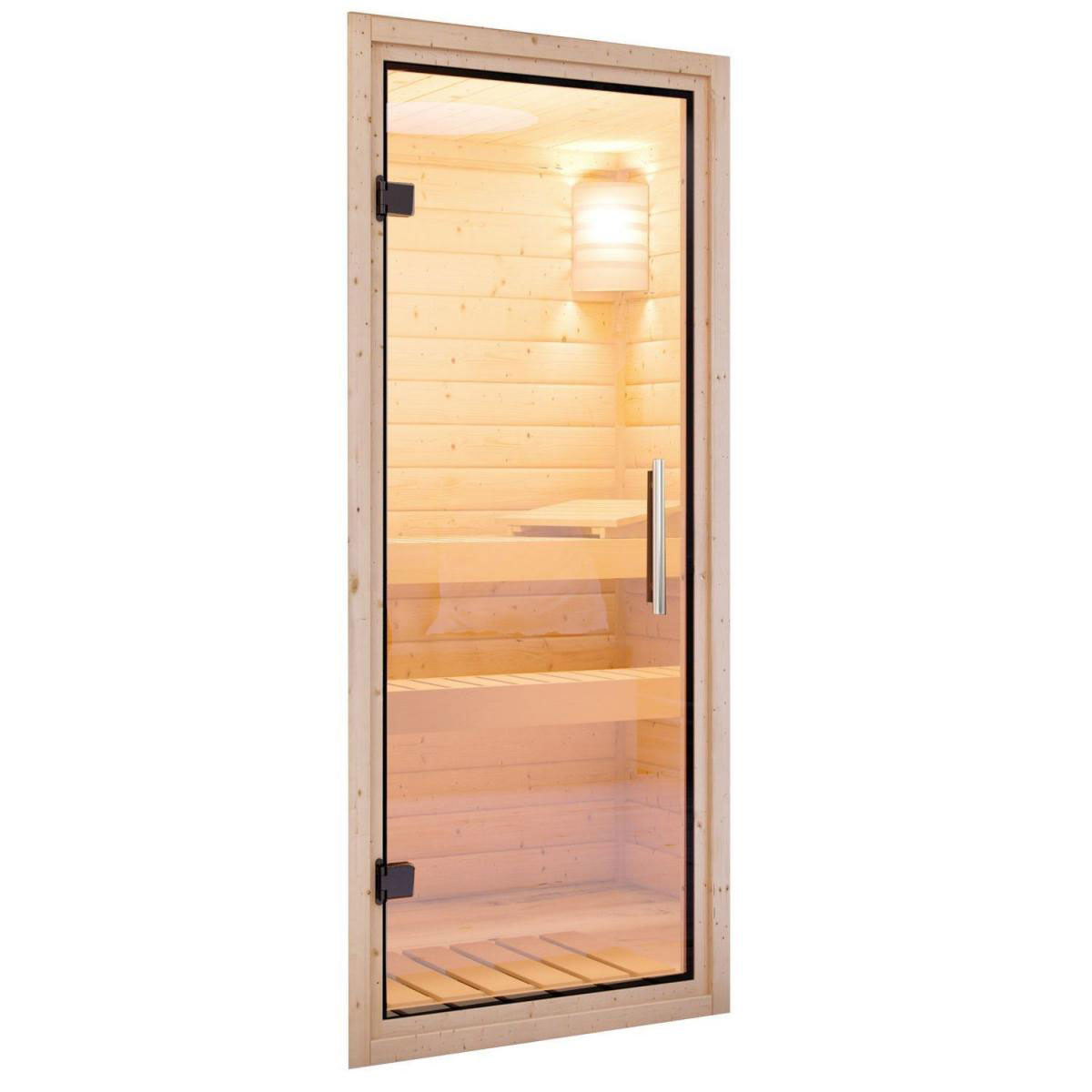 Karibu Sauna Tonja Eckeinstieg 3,6 kW Bio Ofen externe Strg modern mit Kranz Klarglas-Tür Bild 5