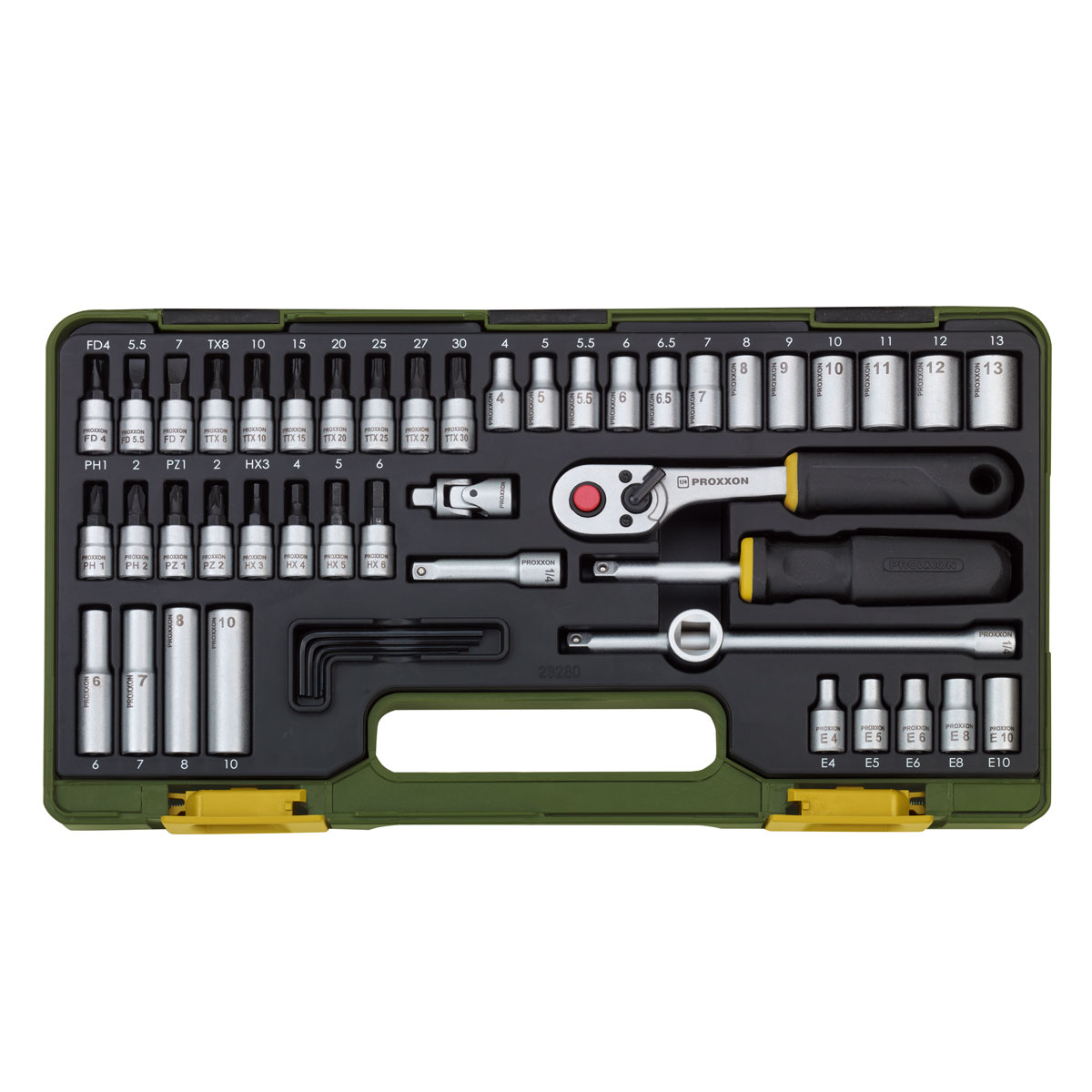 Proxxon Industrial Steckschlüssel-Satz mit Knüppelratsche 1/4 Zoll 50-teilig