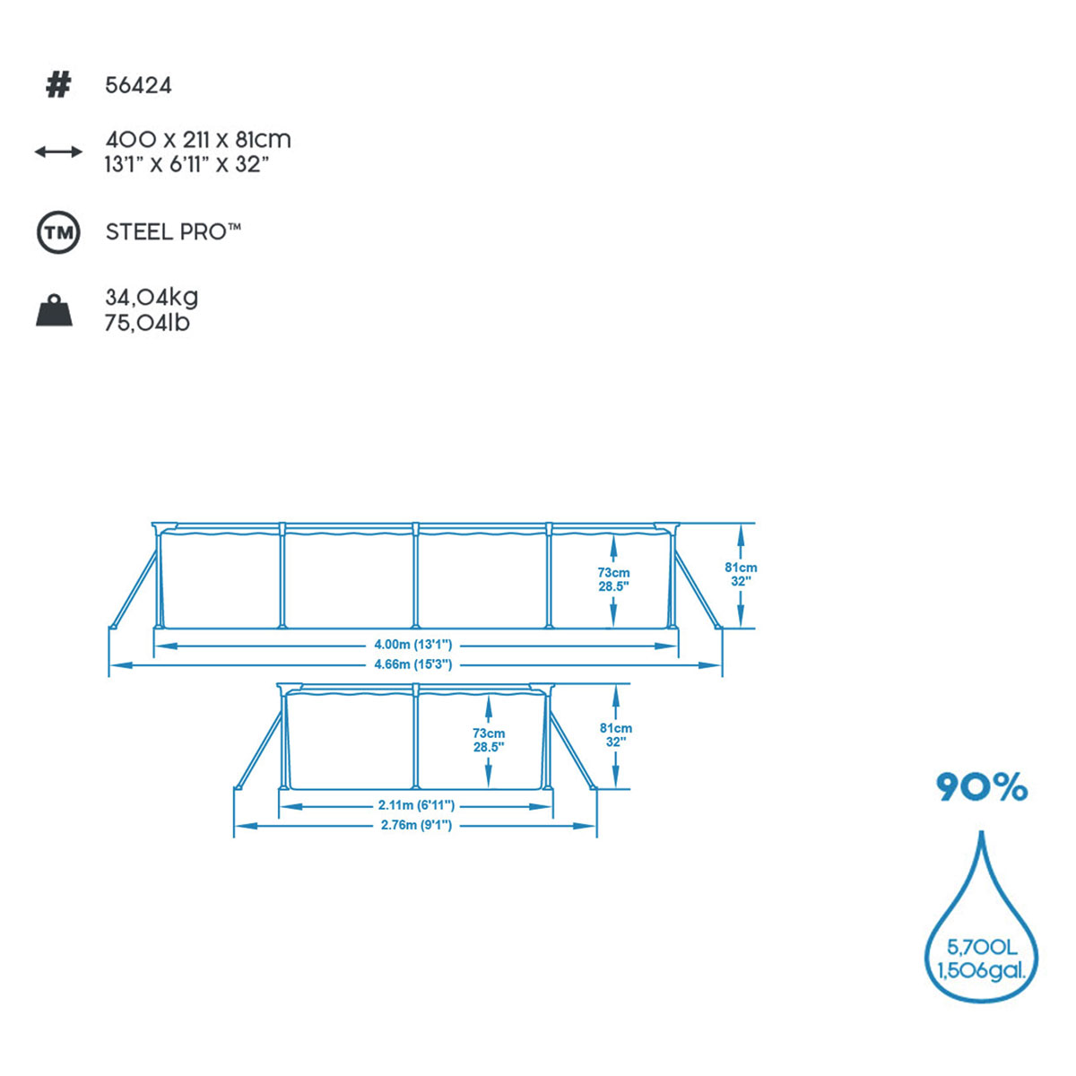 Bestway Steel Pro Frame Pool-Set mit Filterpumpe 400 x 211 x 81 cm blau eckig Bild 10