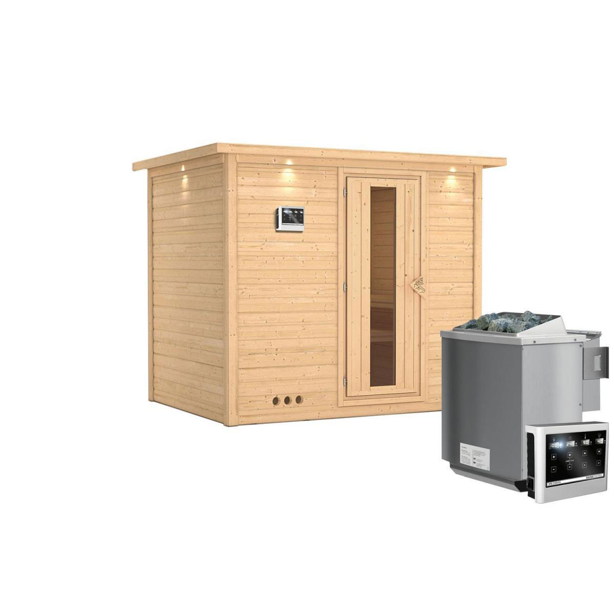 Karibu Sauna Sonara Fronteinstieg 9 kW Bio Ofen externe Strg Tür gedämmt mit Kranz Bild 3