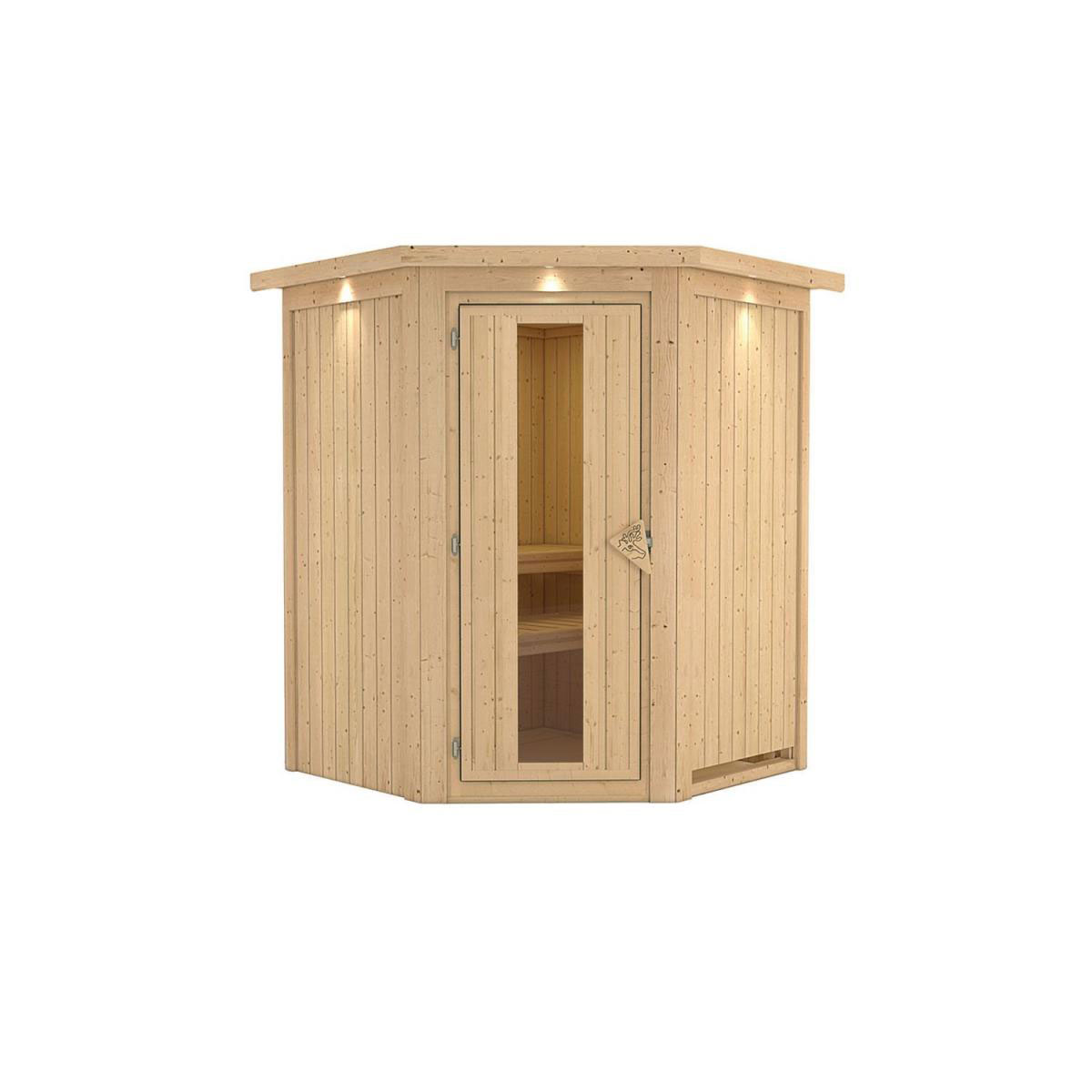 Karibu Sauna Nanja Eckeinstieg ohne Ofen mit Kranz Energiespartür Bild 1