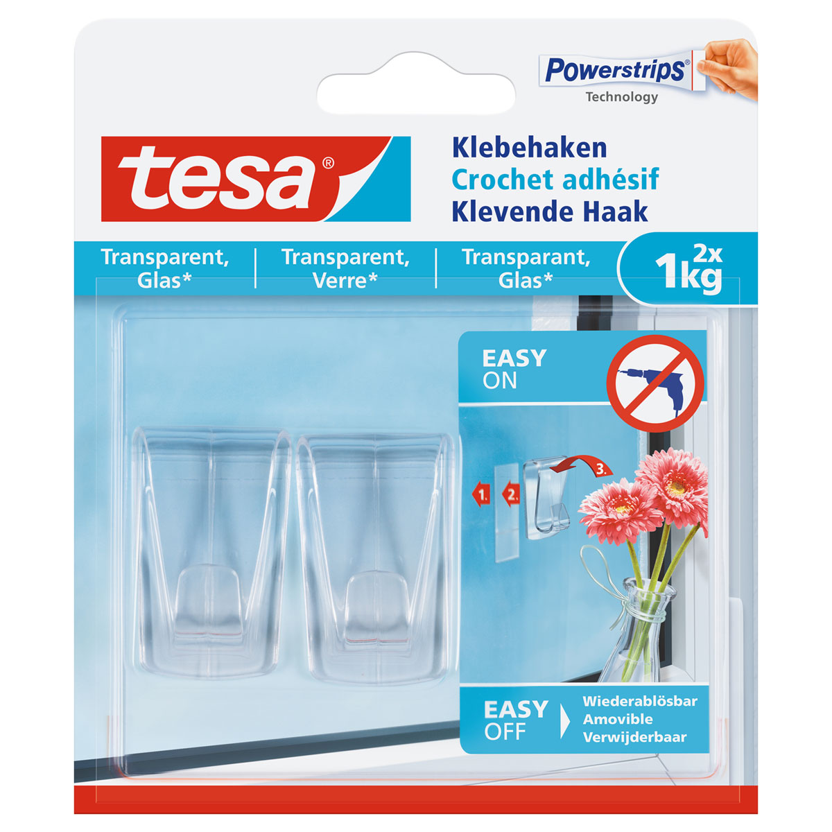 Tesa Klebehaken transparent Glas 2 Stück Traglast 2 x 1 kg